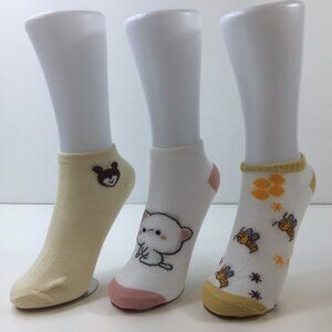 Womens 3 Pack Low Cut Ankle Socks Bear Cat Bee Designs Yellow White Pink